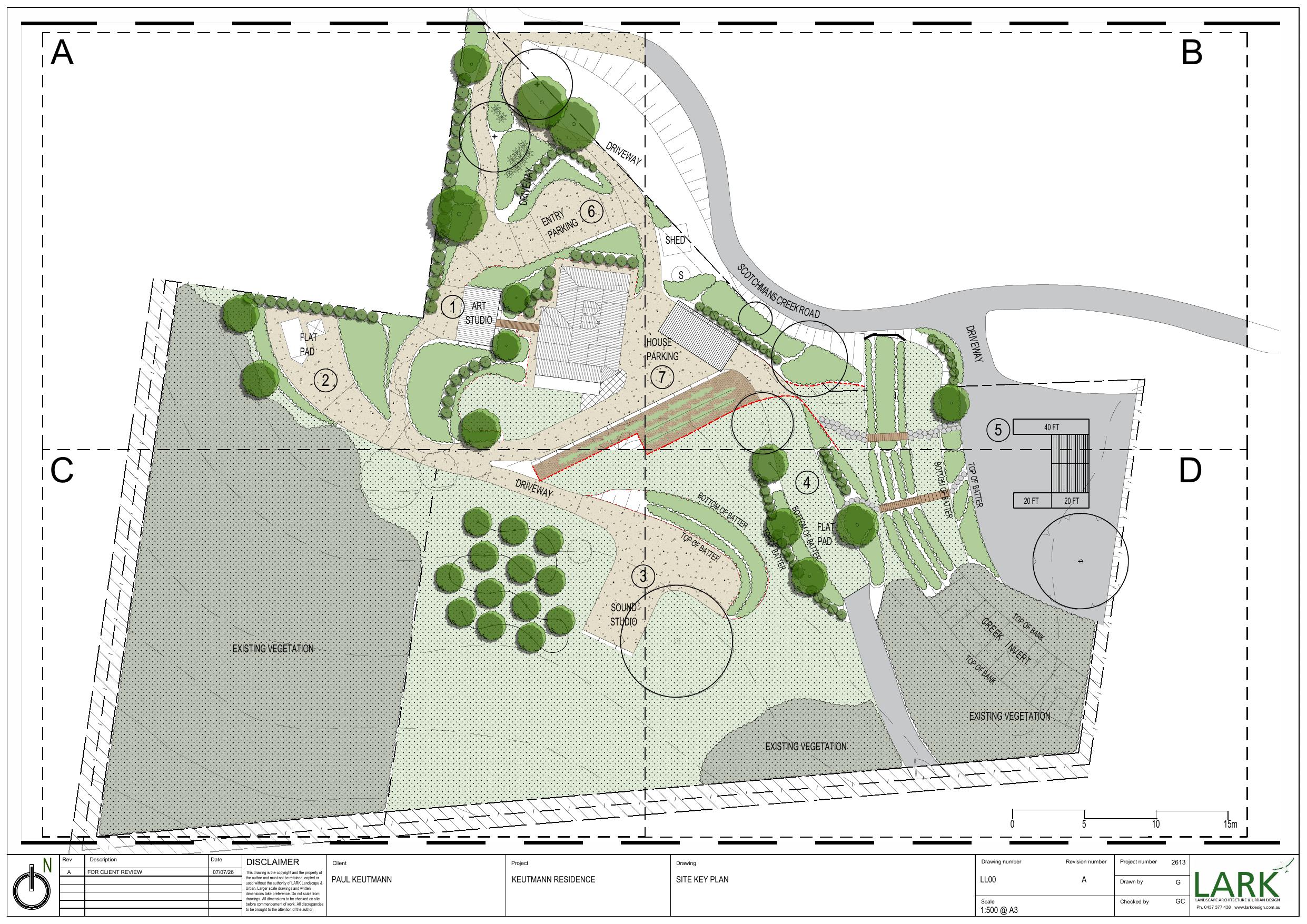 Keutmann Residence — site key plan (LL00) showing residence, art studio, sound studio, entry parking and driveways across the bushland site.