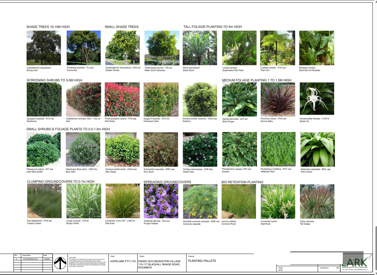 EndED Accommodation Village planting palette showing specified shade trees, screening shrubs, foliage plants, groundcovers and bio-retention planting.