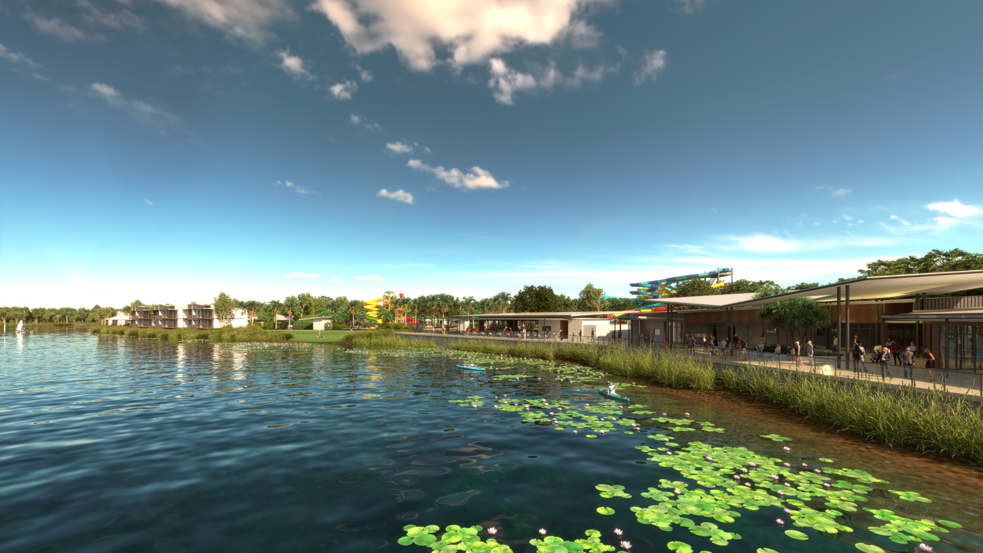 Waterfront render for Mooloolah Waterpark and Resort with boardwalk and slides.