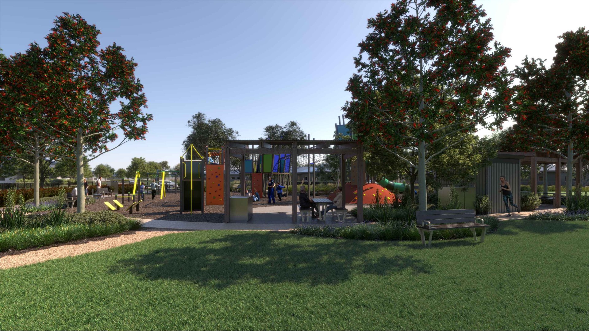 Boondooma Dam playground render showing pergola and climbing wall.