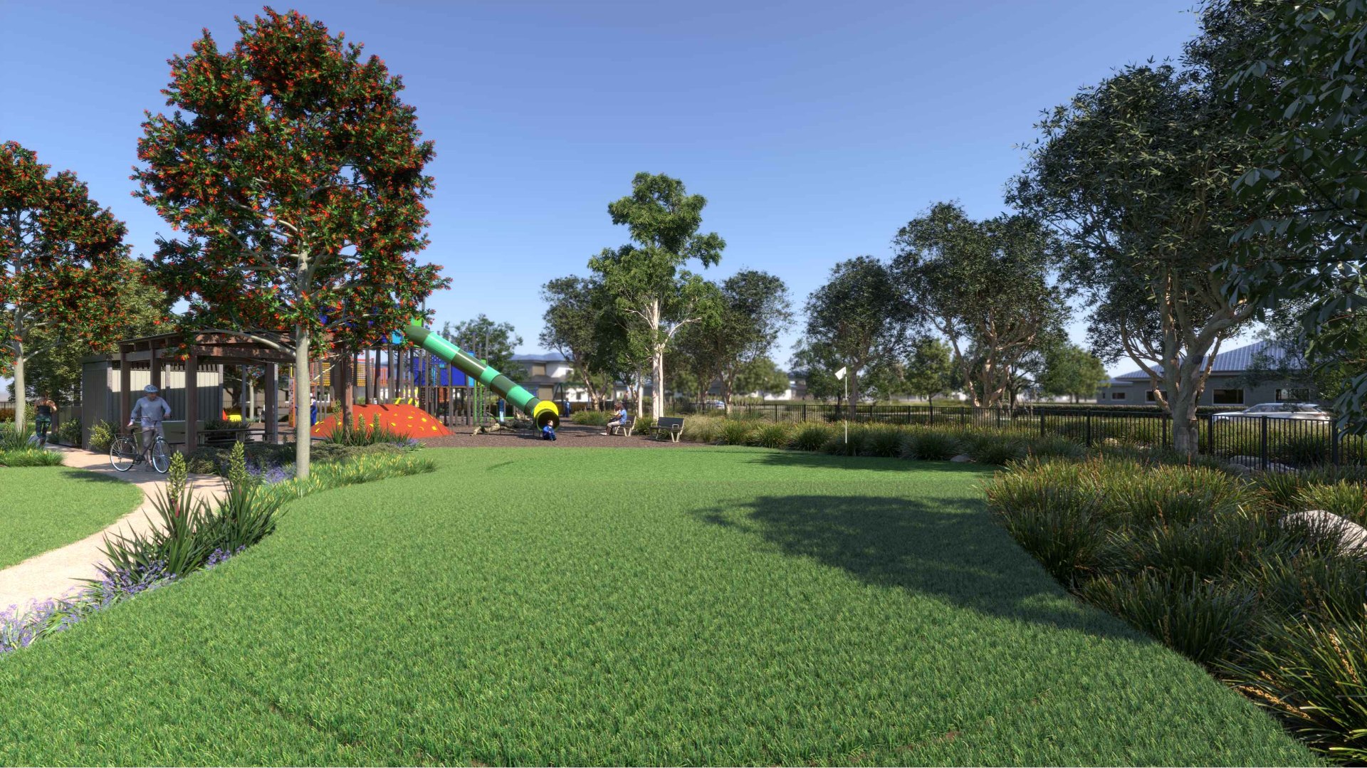 Boondooma Dam playground render showing open lawn and tube slide.