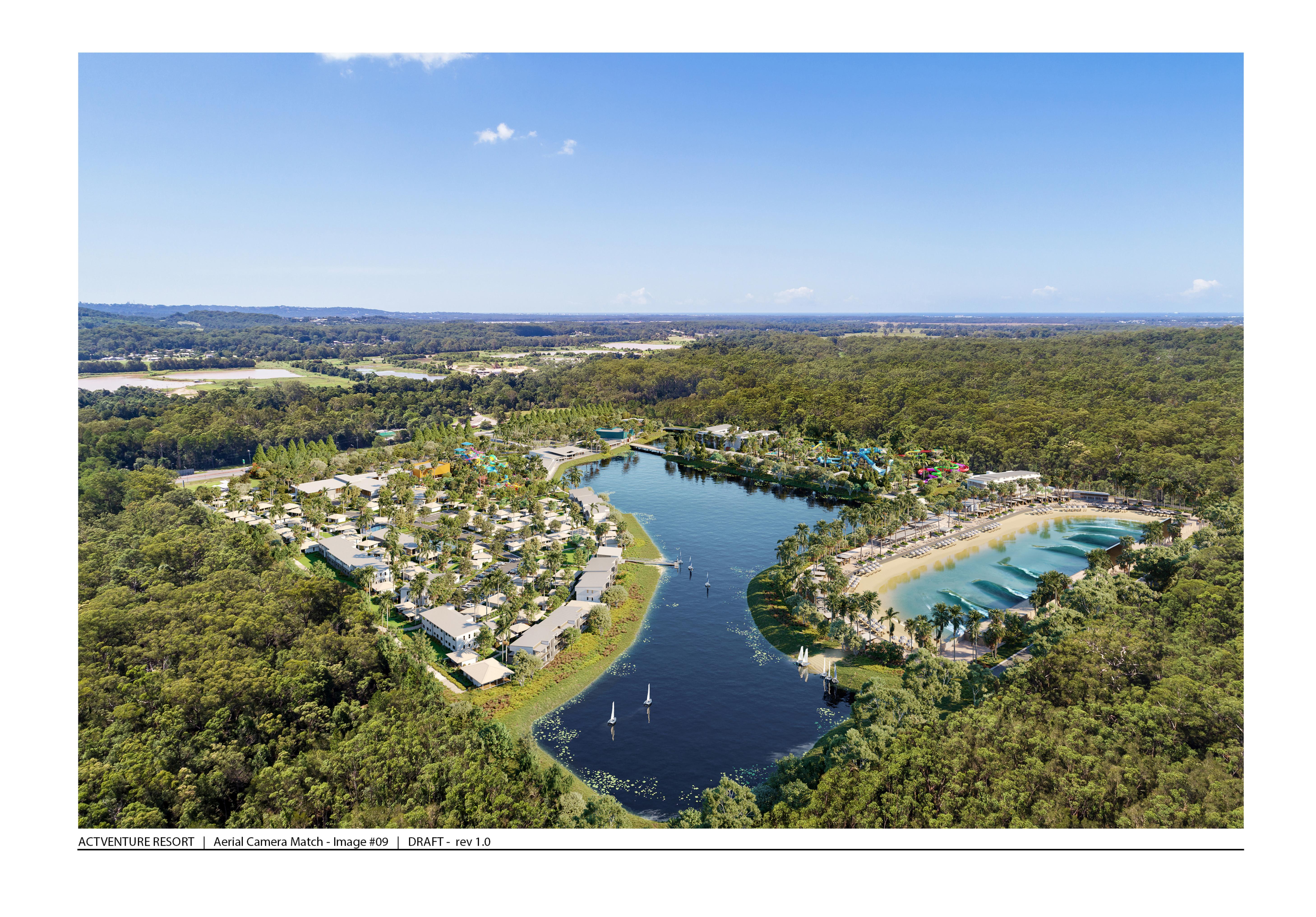 Actventure Resort aerial camera-match render showing accommodation village, waterpark and lake.