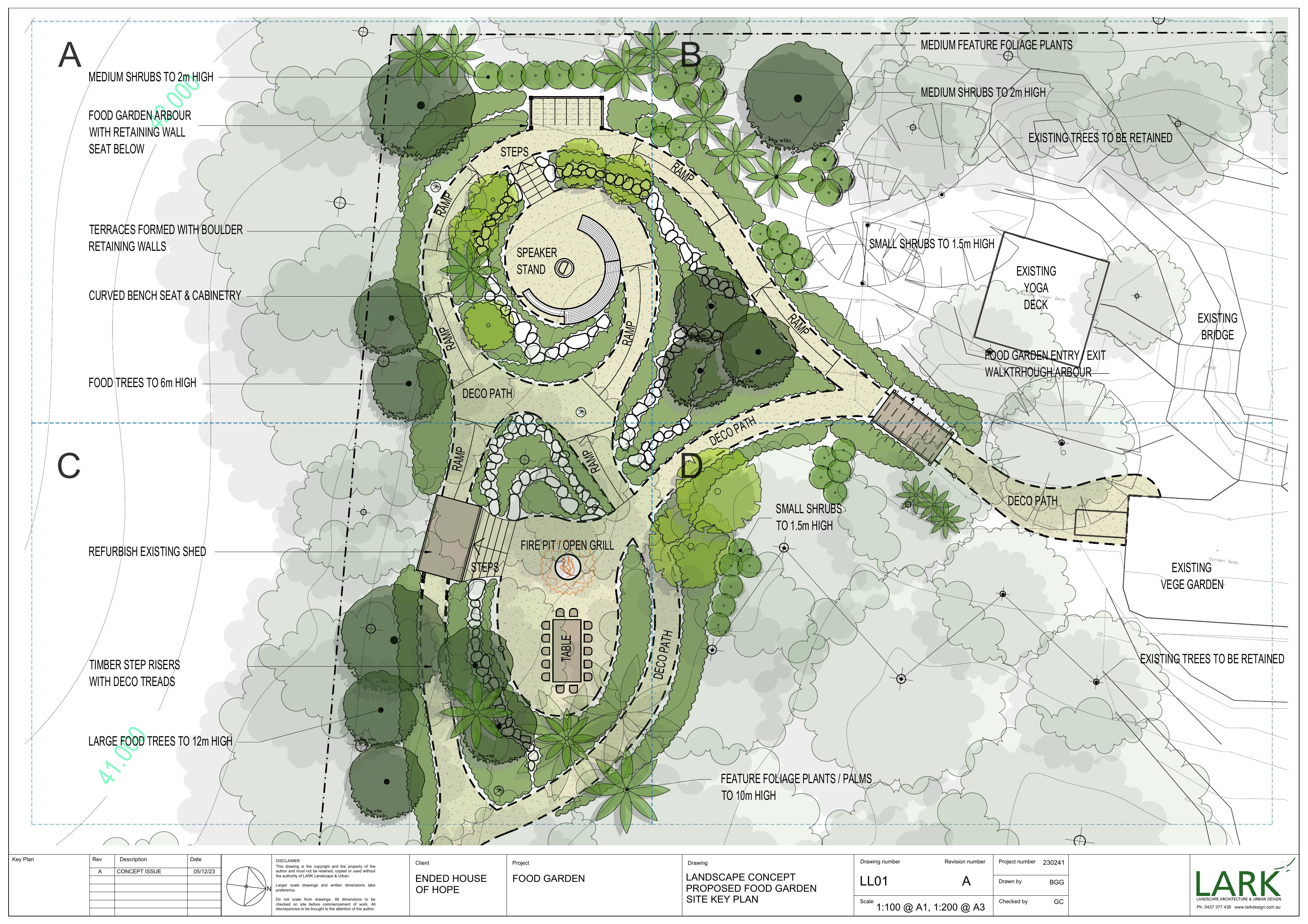 EndED House of Hope food garden concept plan with terraces, speaker stand and gathering spaces.