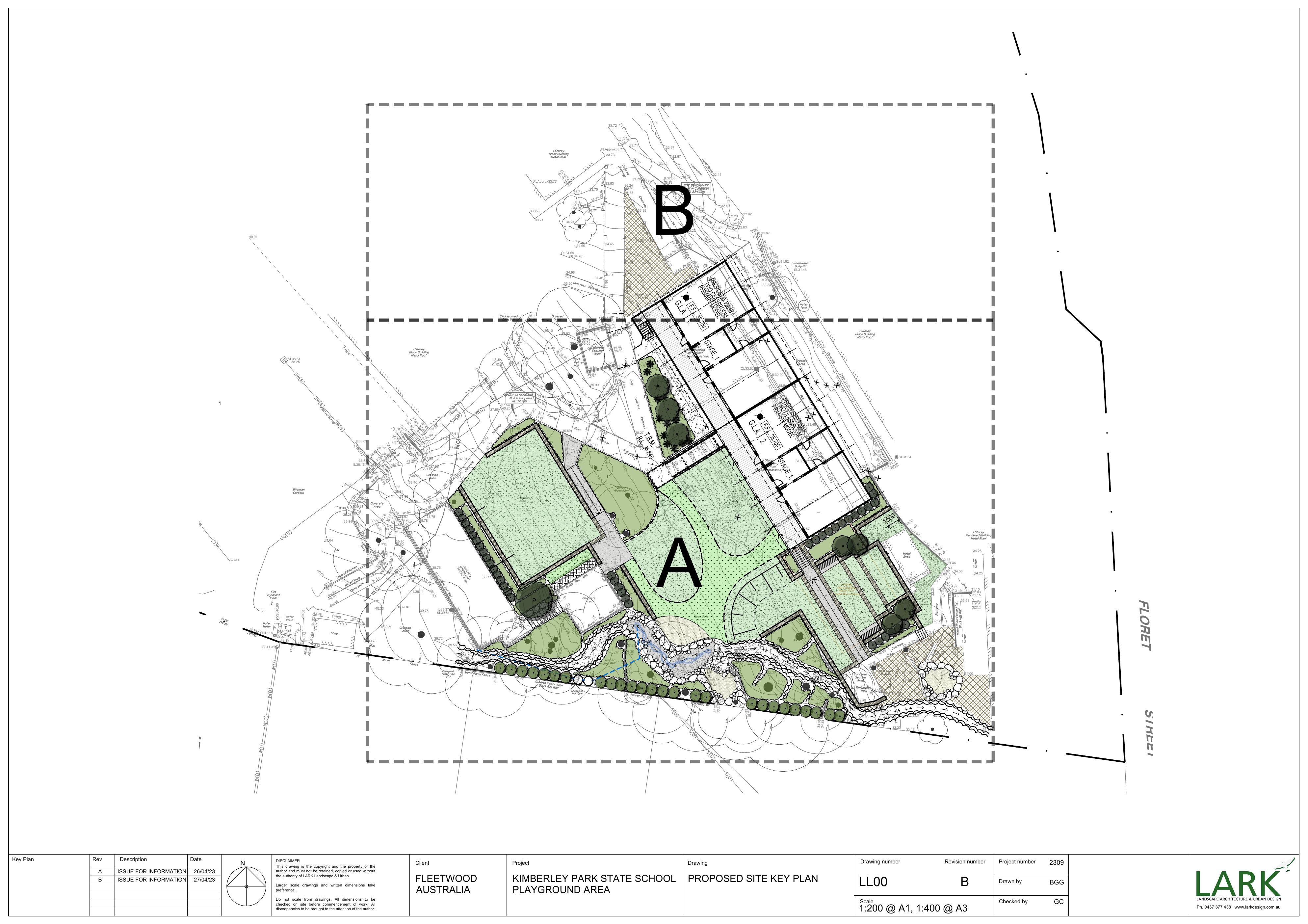 Kimberley Park State School — proposed site key plan showing playground area, planting and creek edge.