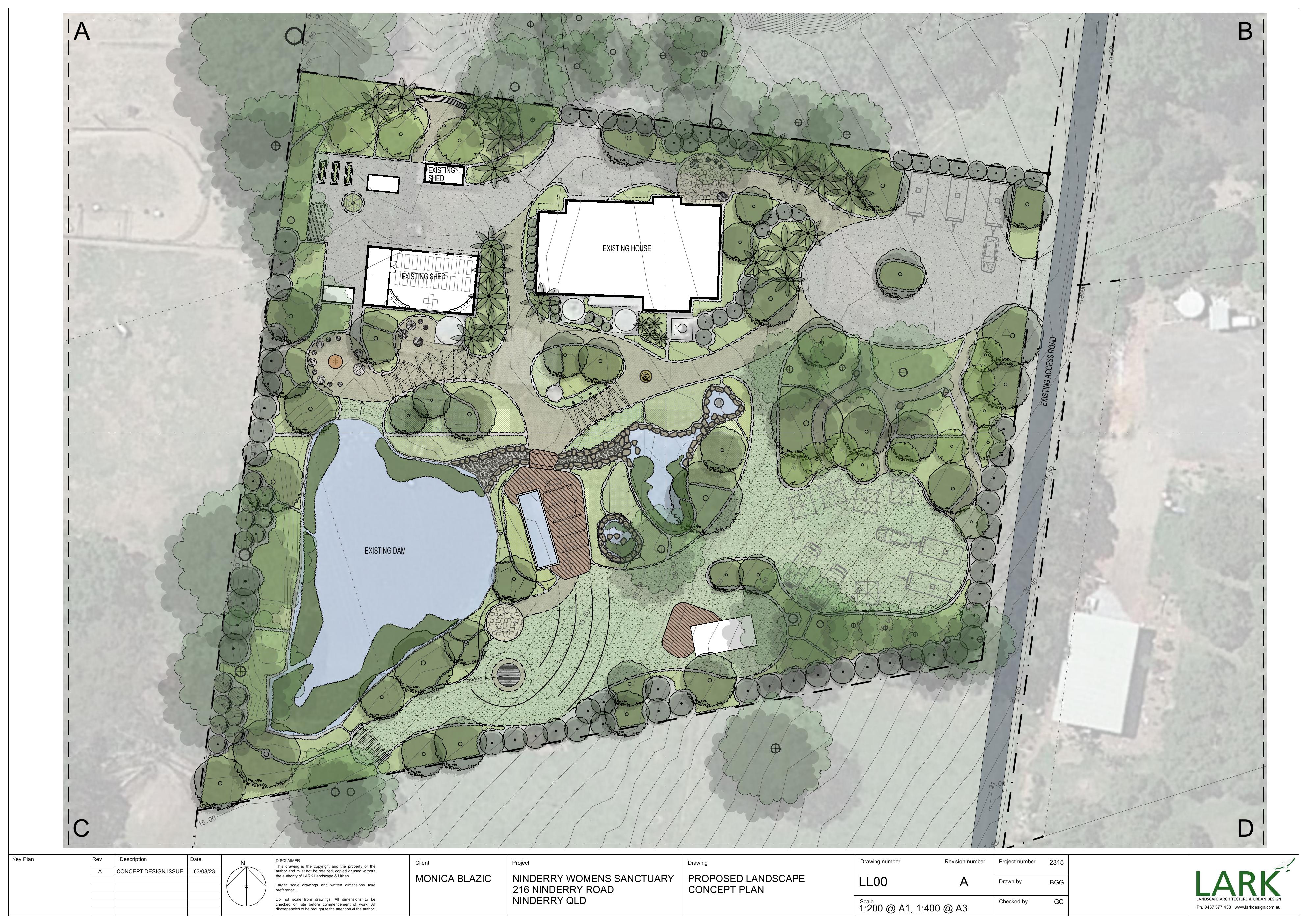 Ninderry Women's Sanctuary — proposed landscape concept plan with dam, arrival court and garden rooms.